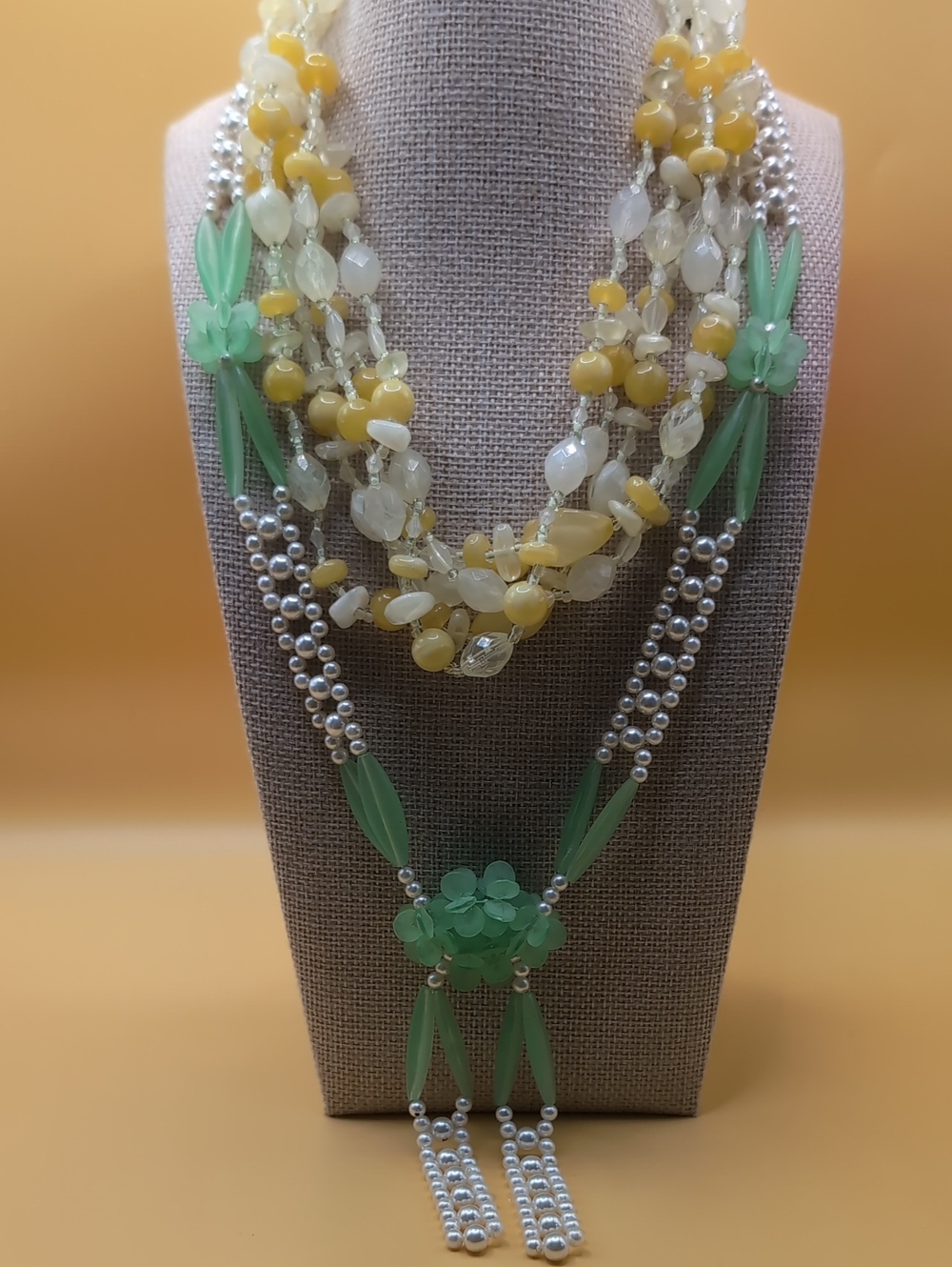 Lot Of 2 Necklaces - Yellow Multi Strand and Mint Green Hand Made